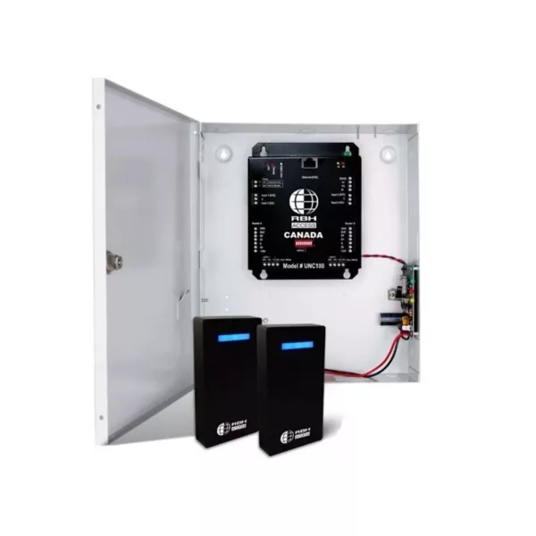 UNC100 2 Door Controller w/encl  & 13.8VDC 2A power supply, 2 x M45 DNB and Bluetooth and NFC Reader